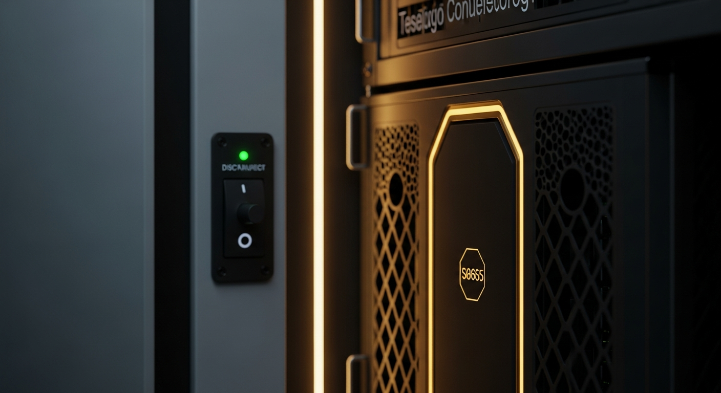 Dhakma Core server with physical air-gap switch and gold accent lighting
